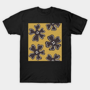 Pattern of button brown flowers on satin sheen gold T-Shirt